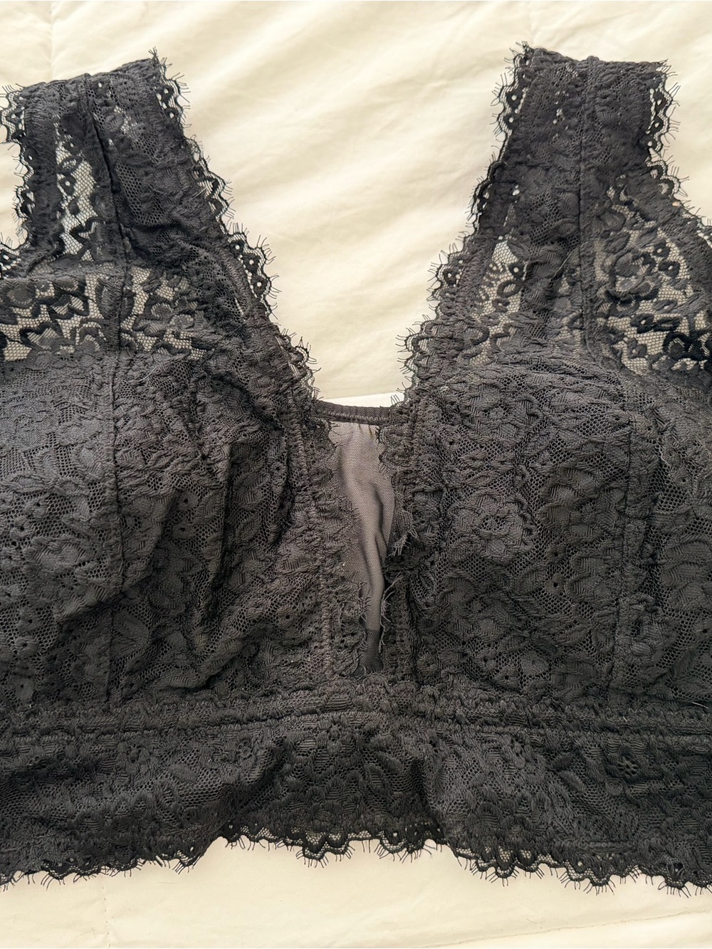 Aerie Eyelash Lace Padded Plunge Bralette in True Black XL / DD